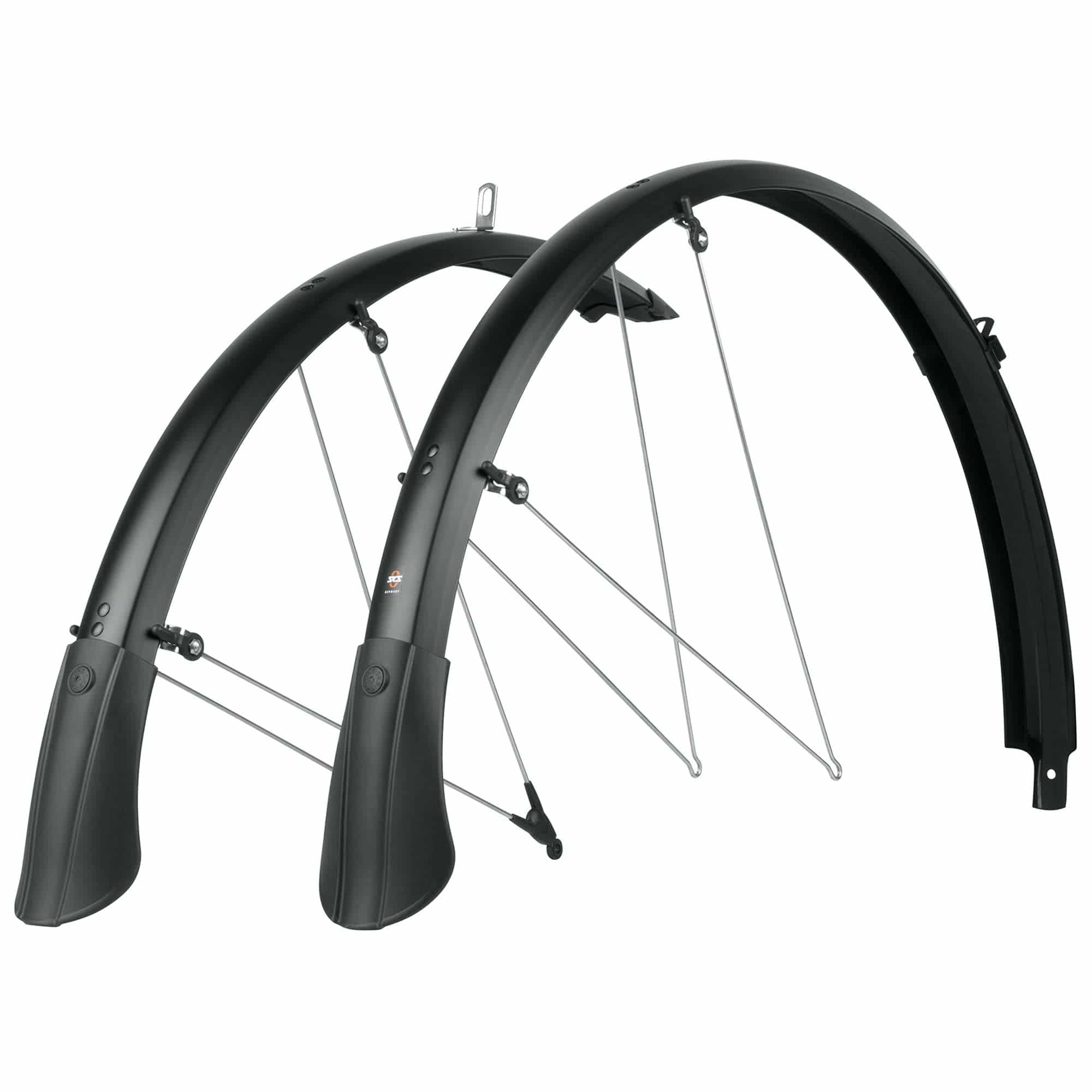SKS Bluemels matte black 28-inch mudguard set with adjustable ASR joint for road or mountain bikes, designed for protection and durability.