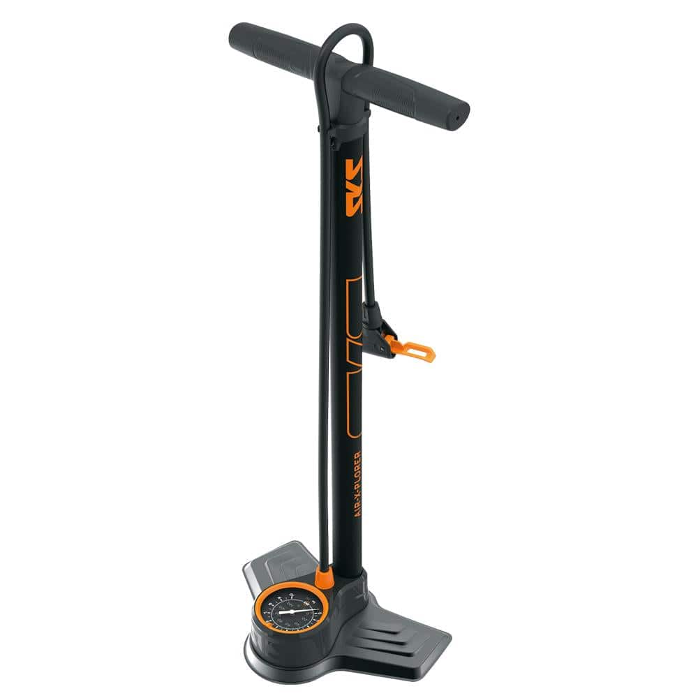 SKS Air-X-Plorer 10.0 floor pump with multi-valve head and pressure gauge, black and silver bicycle pump for inflating tires