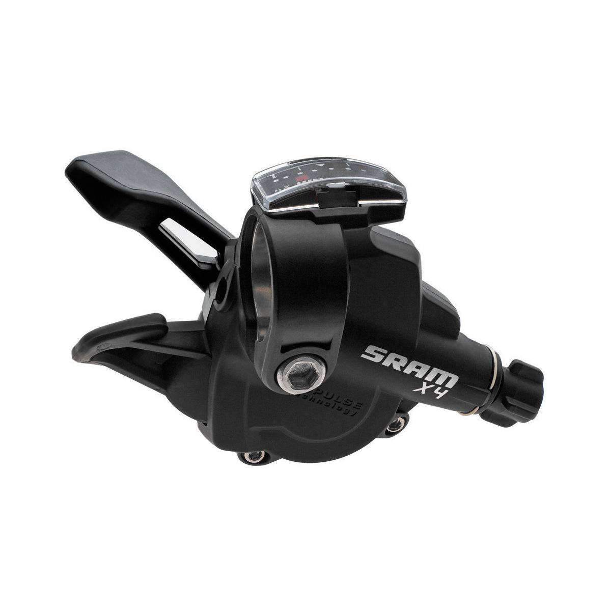 SRAM X4 3-speed MTB trigger shifter compatible with SRAM and Shimano mountain bike derailleurs, shown on a mountain bike.