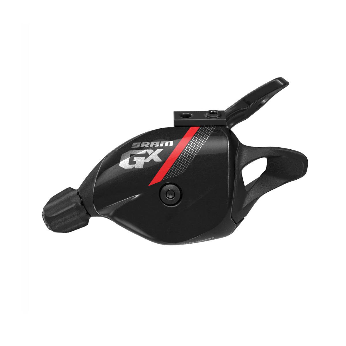 SRAM GX 11-speed rear trigger shifter with discrete clamp for MTB bike, featuring red accents and ergonomic design.