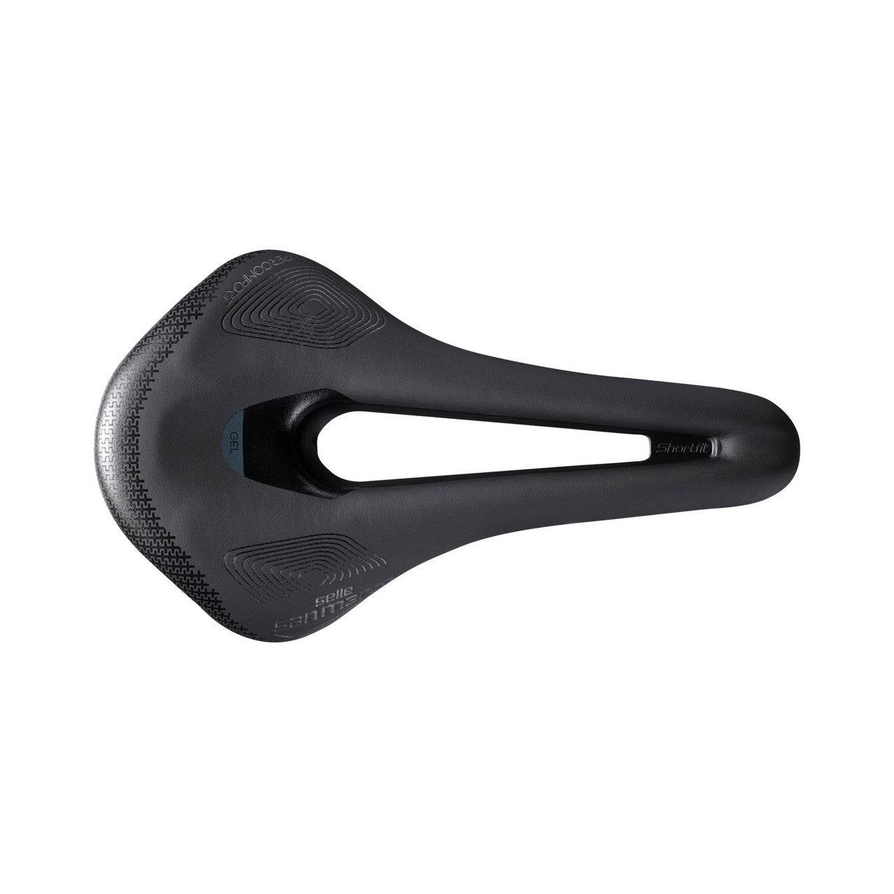 Selle San Marco Shortfit 2.0 Supercomfort racing saddle with open-fit design, showing the sleek, lightweight profile and padding.