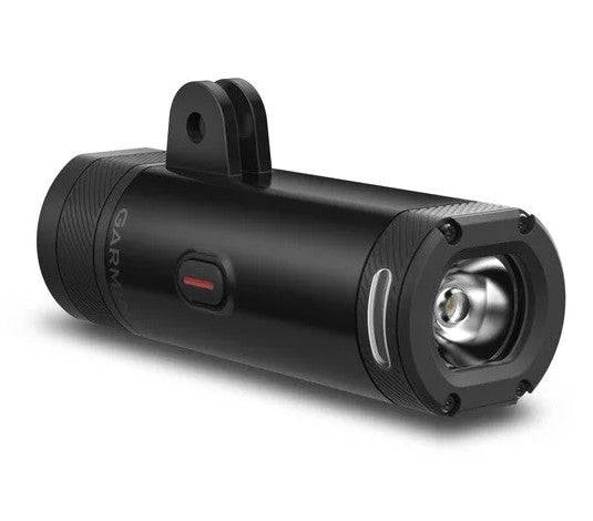 Garmin Varia UT800 Smart Headlight front view, urban edition, 800 lumens, cycling accessories, with adjustable mounting bracket.