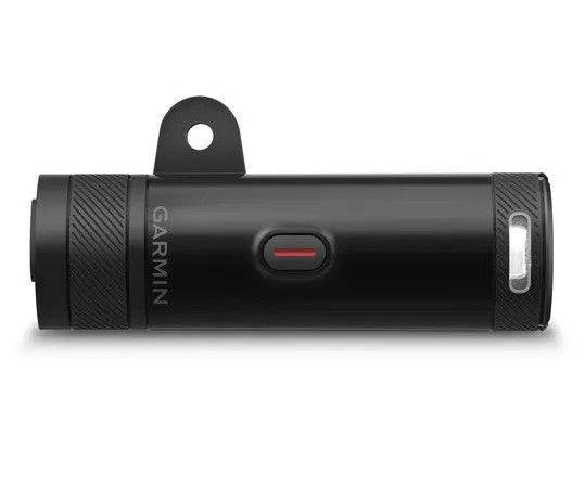 Garmin Varia UT800 Smart Headlight front view showing 800 lumens, urban edition, with adjustable mounting and bright LED beam.