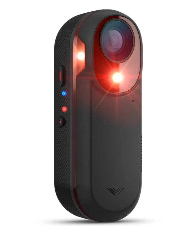 Garmin Varia RCT715 rear bike light with radar and 1080p camera, outdoor cycling safety accessories, mounted on a bike.