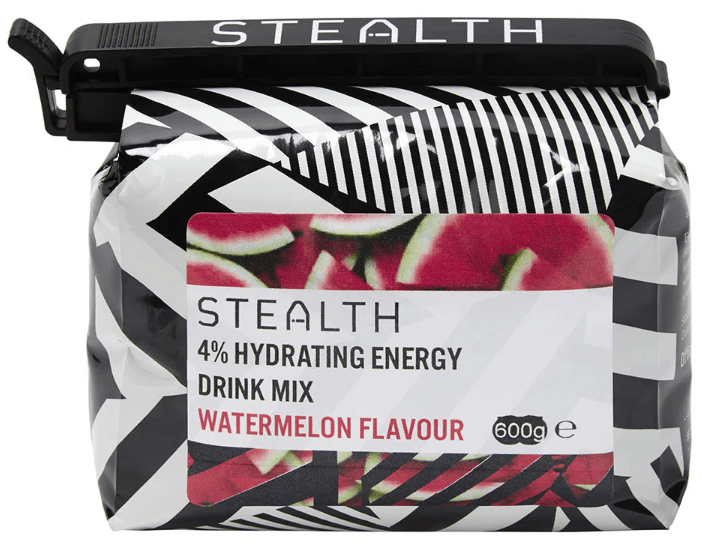 Stealth Hydrating Energy Drink Powder in Watermelon flavor, electrolyte supplement, with orange packaging and scoop for mixing.