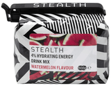 Stealth Hydrating Energy Drink Powder in Watermelon flavor, electrolyte supplement, with orange packaging and scoop for mixing.