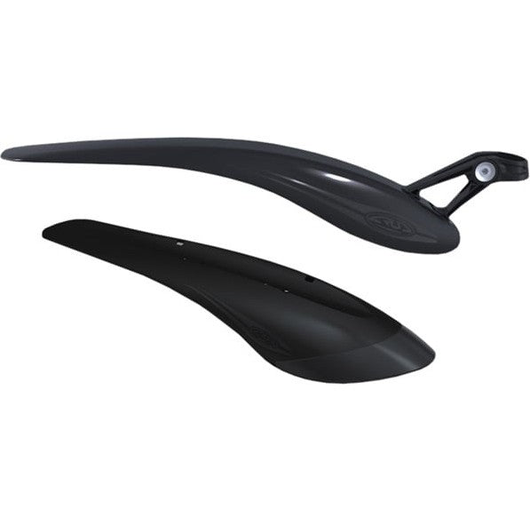Pair of Crud Products RacePac mountain bike mudguards in black, front and rear, designed to protect against mud and debris.
