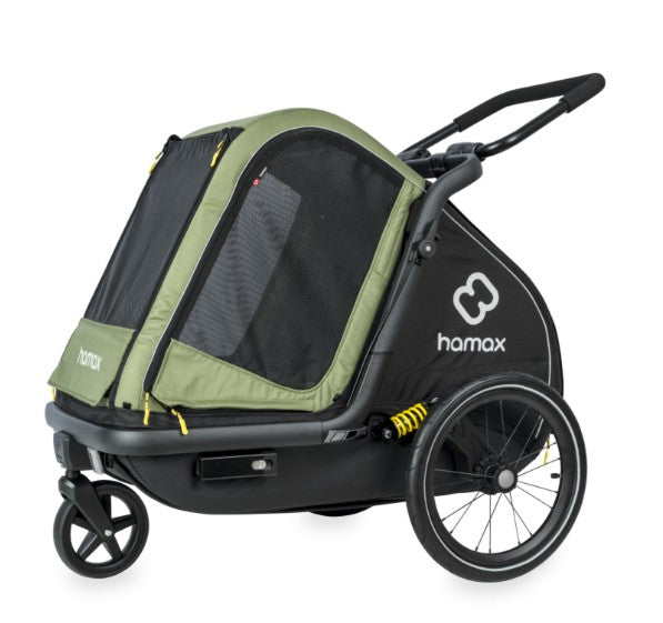 Hamax Pluto Medium Dog Trailer in green, showcasing the bike trailer and stroller kit for pets, designed for medium-sized dogs.