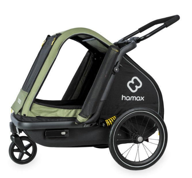 Hamax Pluto medium dog trailer in green, with bike trailer and stroller kit accessories, designed for safe pet transport.