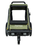 Green Hamax Pluto medium dog trailer for bikes and strollers, featuring durable fabric and safety features for pet transportation.