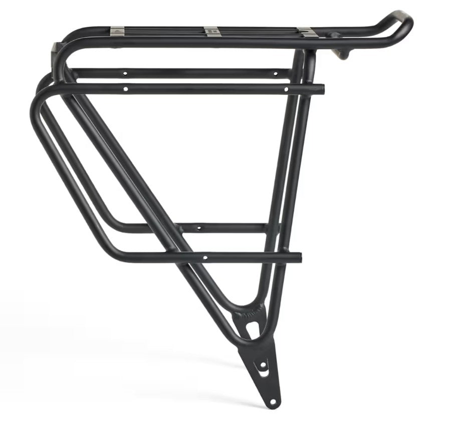 Trek BackRack Deluxe MIK rear bike rack with integrated mounts and light attachment, designed for carrying loads on bicycles.