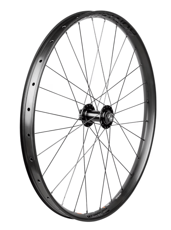 Bontrager Line 40 27.5-inch front mountain bike wheel with 28 spokes, 110mm hub, disc brake, black alloy rim.