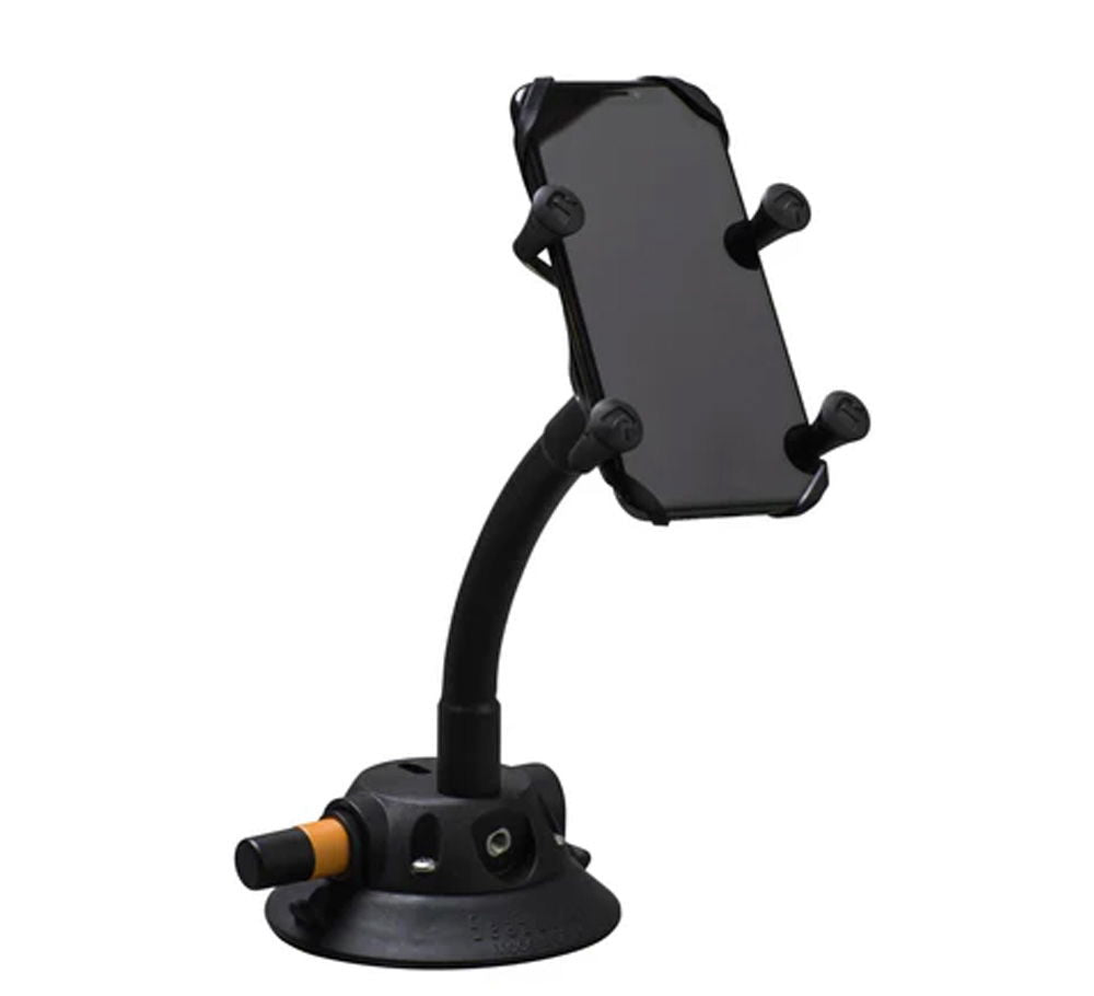 SeaSucker Flex-X Phone XL Mount with adjustable arm holding a smartphone, designed for secure device attachment to various surfaces.