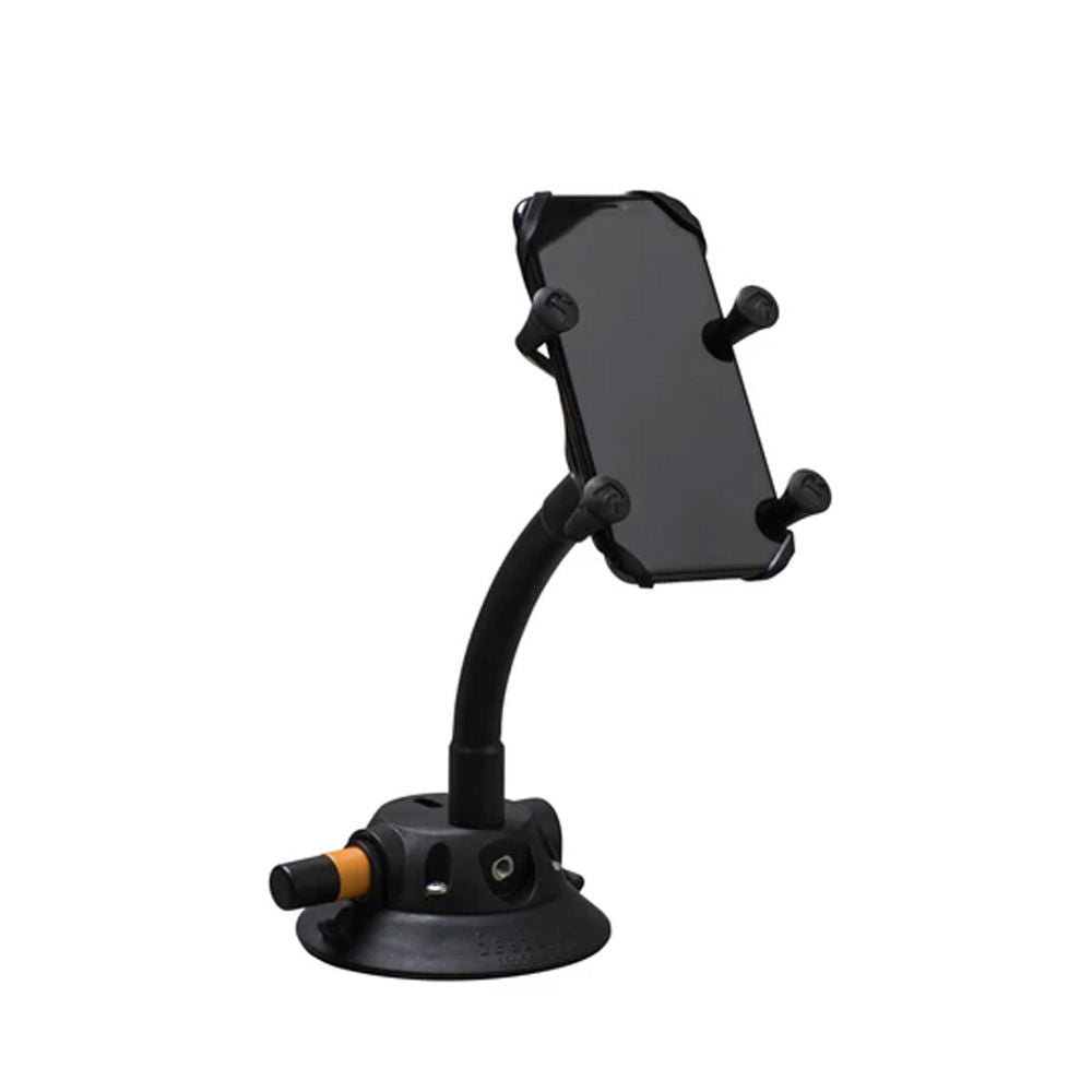 SeaSucker Flex-X Phone Mount with flexible arm and X-Grip holder for secure device mounting, shown on a surface.
