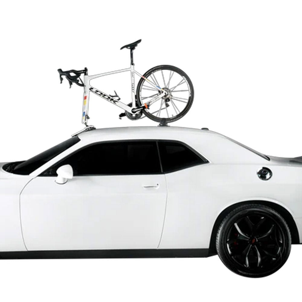 SeaSucker Talon 1 bike rack with HUSKE fork mount, vacuum cup carrier attached to car roof, showing side view of the accessories.