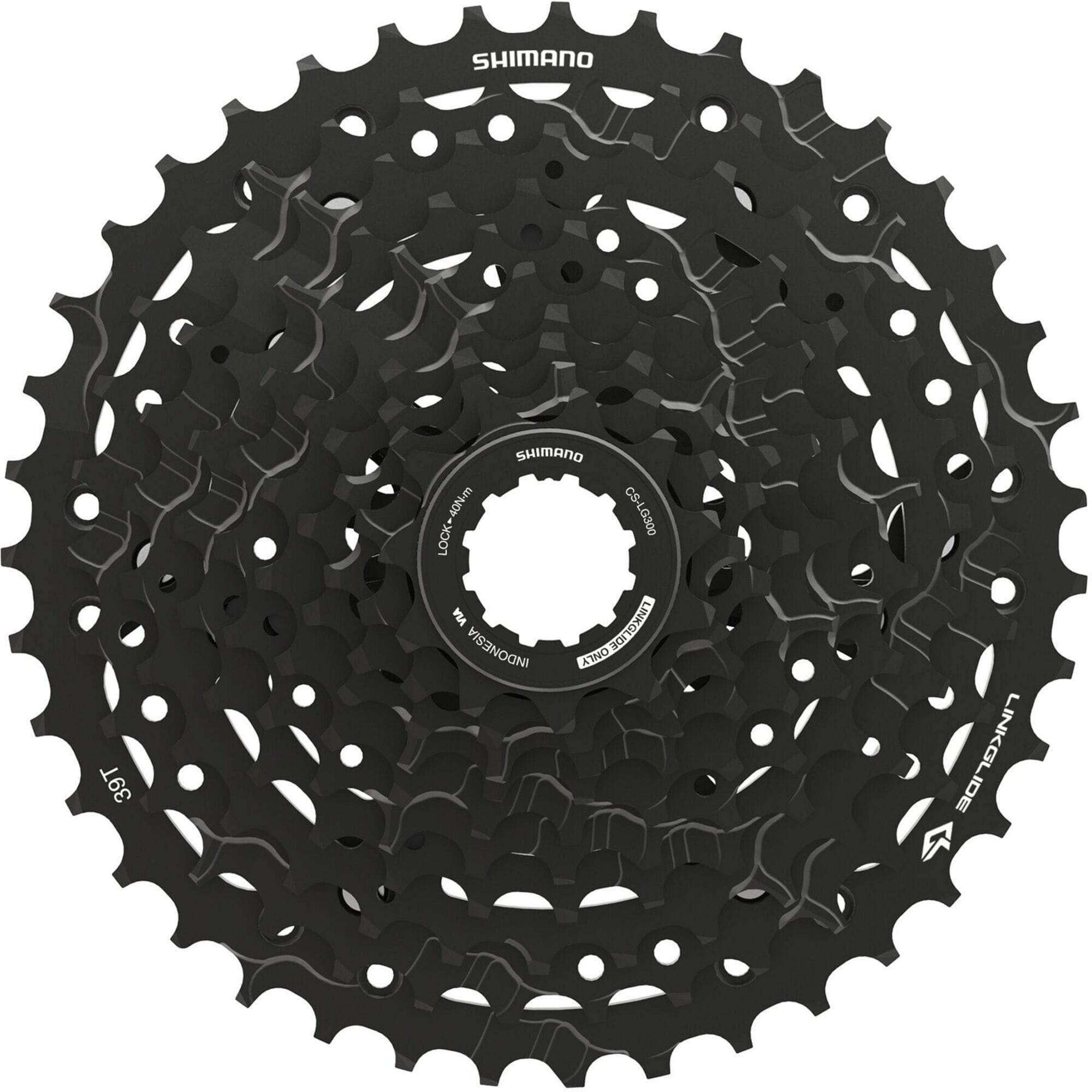 Shimano CUES CS-LG300-10 Link Glide 10-speed cassette for multi-purpose and e-bikes, with silver metal cogs and black body.