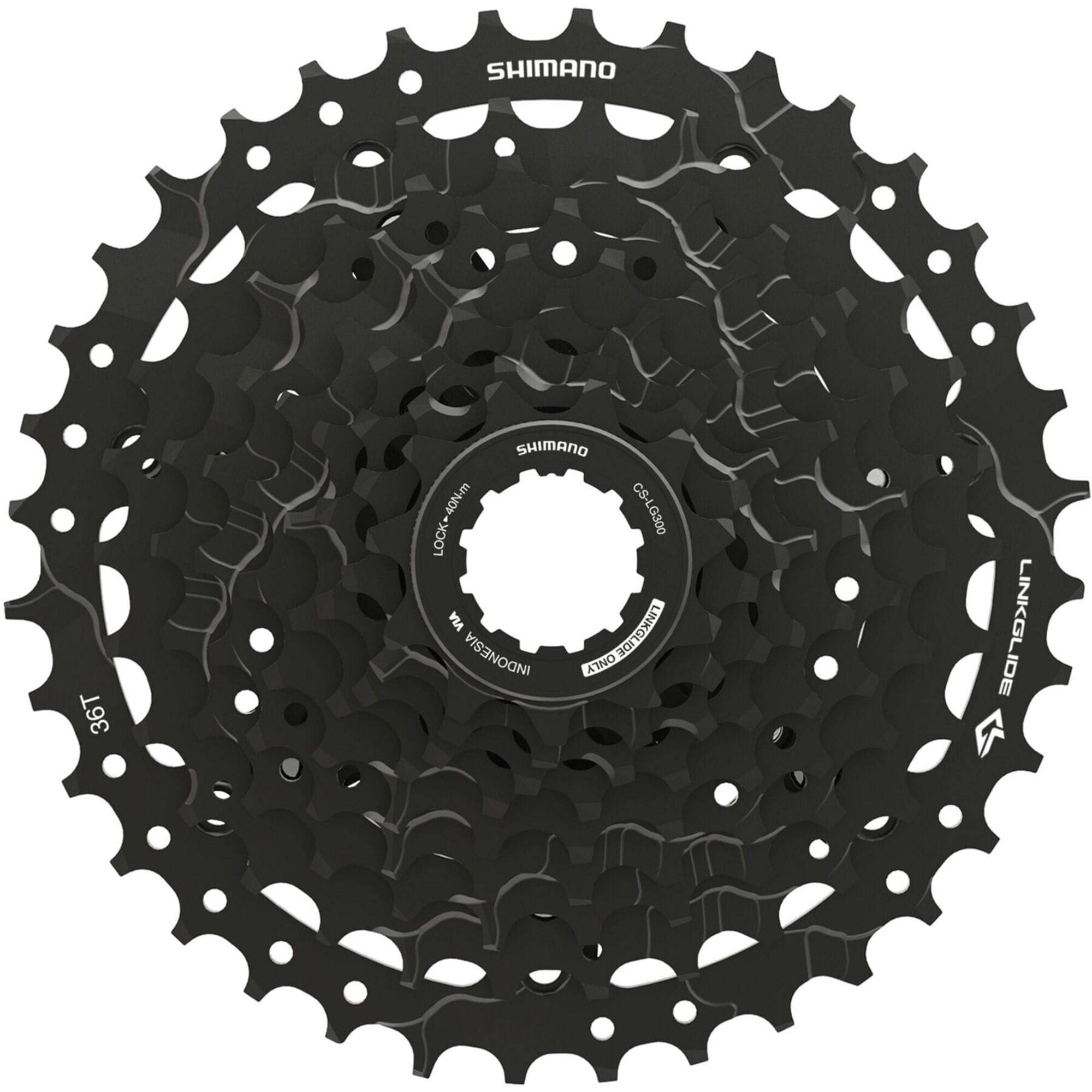 Shimano CUES CS-LG300-9 9-speed cassette for multi-purpose bikes and e-bikes, shown in a close-up image of the components.