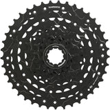 Shimano CUES CS-LG300-9 Link Glide 9-speed cassette for multi-purpose bikes and e-bikes, displayed on a bike wheel.