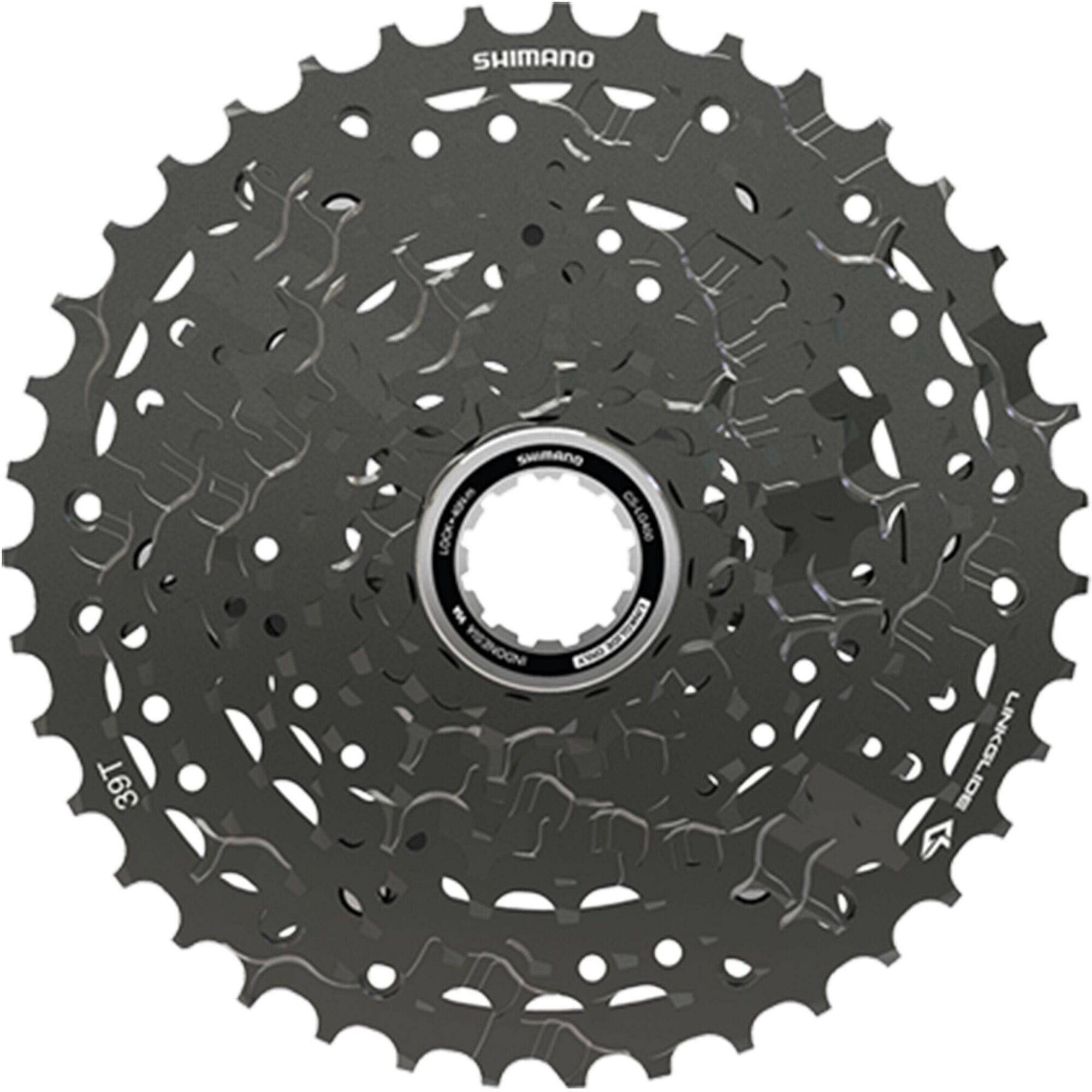 Shimano CUES CS-LG400-10 CUES Link Glide 10-speed bike cassette with black metal sprockets for e-bikes and multi-purpose bikes.