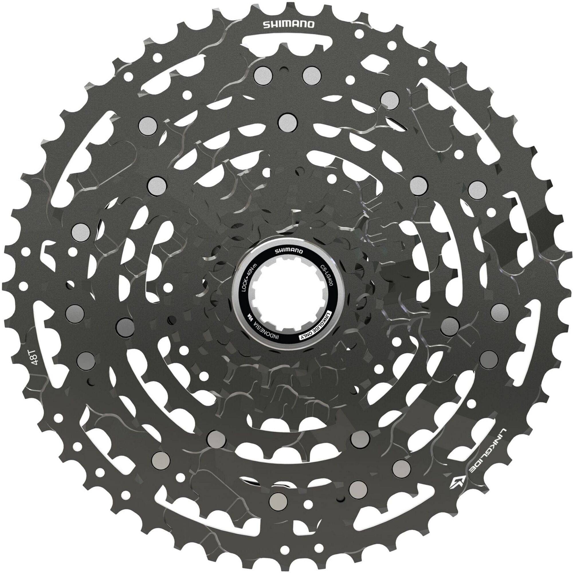 Shimano CUES CS-LG400-10 10-speed cassette for e-bikes and multi-purpose bikes, showcasing the gear cogs and branding.