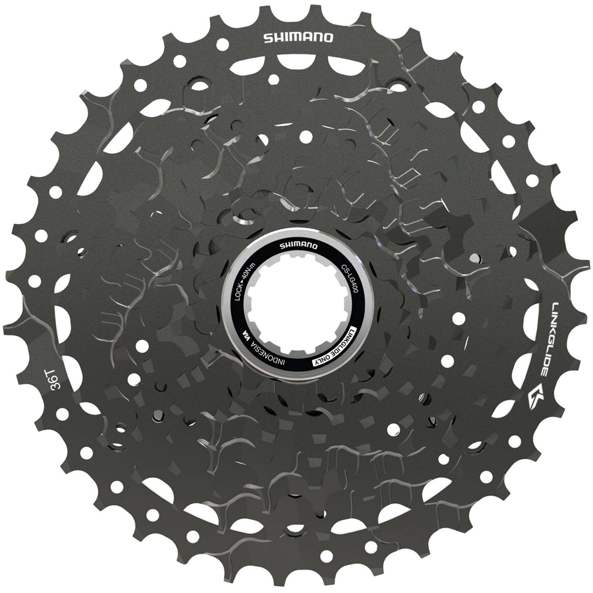 Shimano CUES CS-LG400-9 Link Glide 9-speed bike cassette for multi-purpose and e-bikes, showing the gear sprockets.