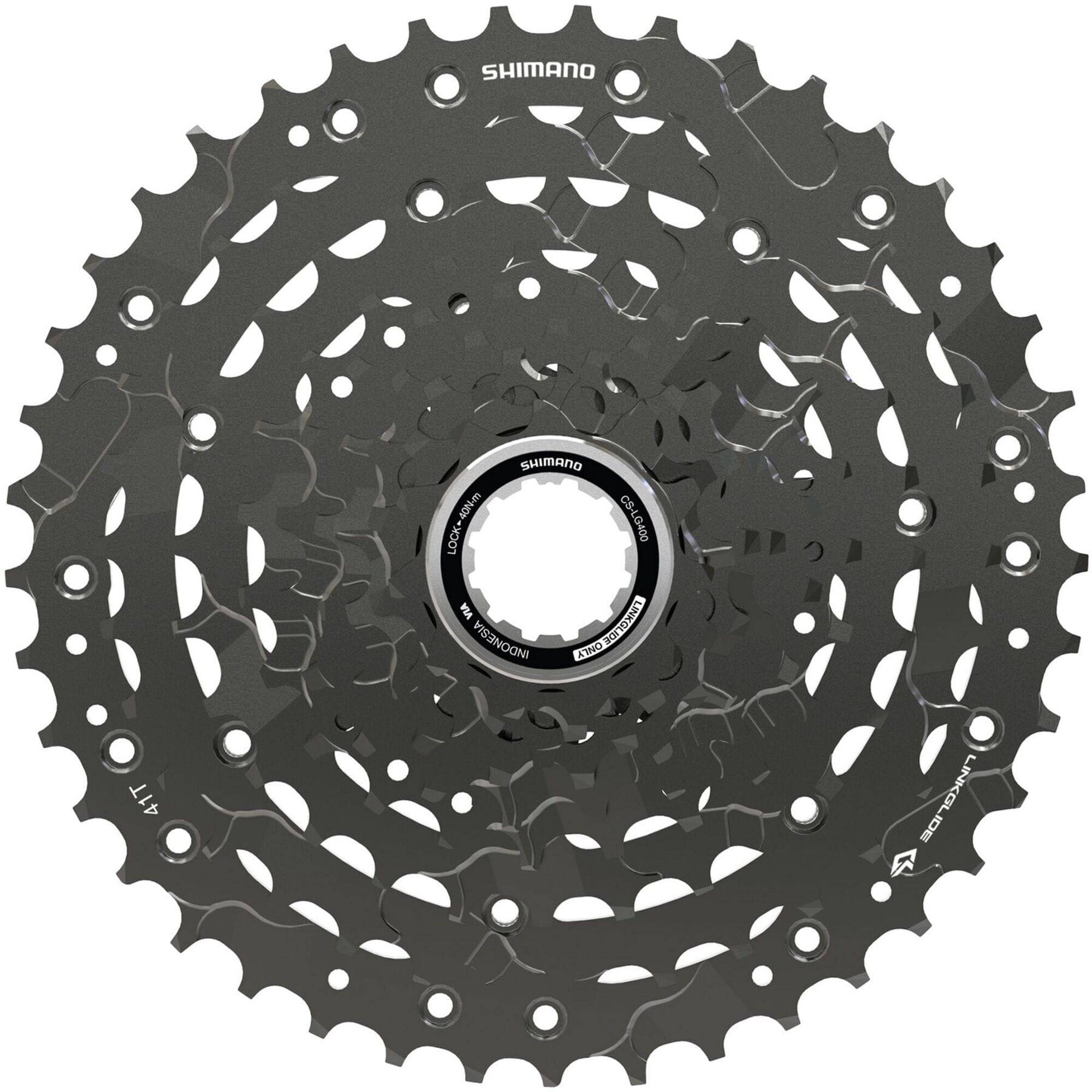 Shimano CUES CS-LG400-9 Link Glide 9-speed cassette for multi-purpose and e-bikes, showing the gear teeth and brand logo.
