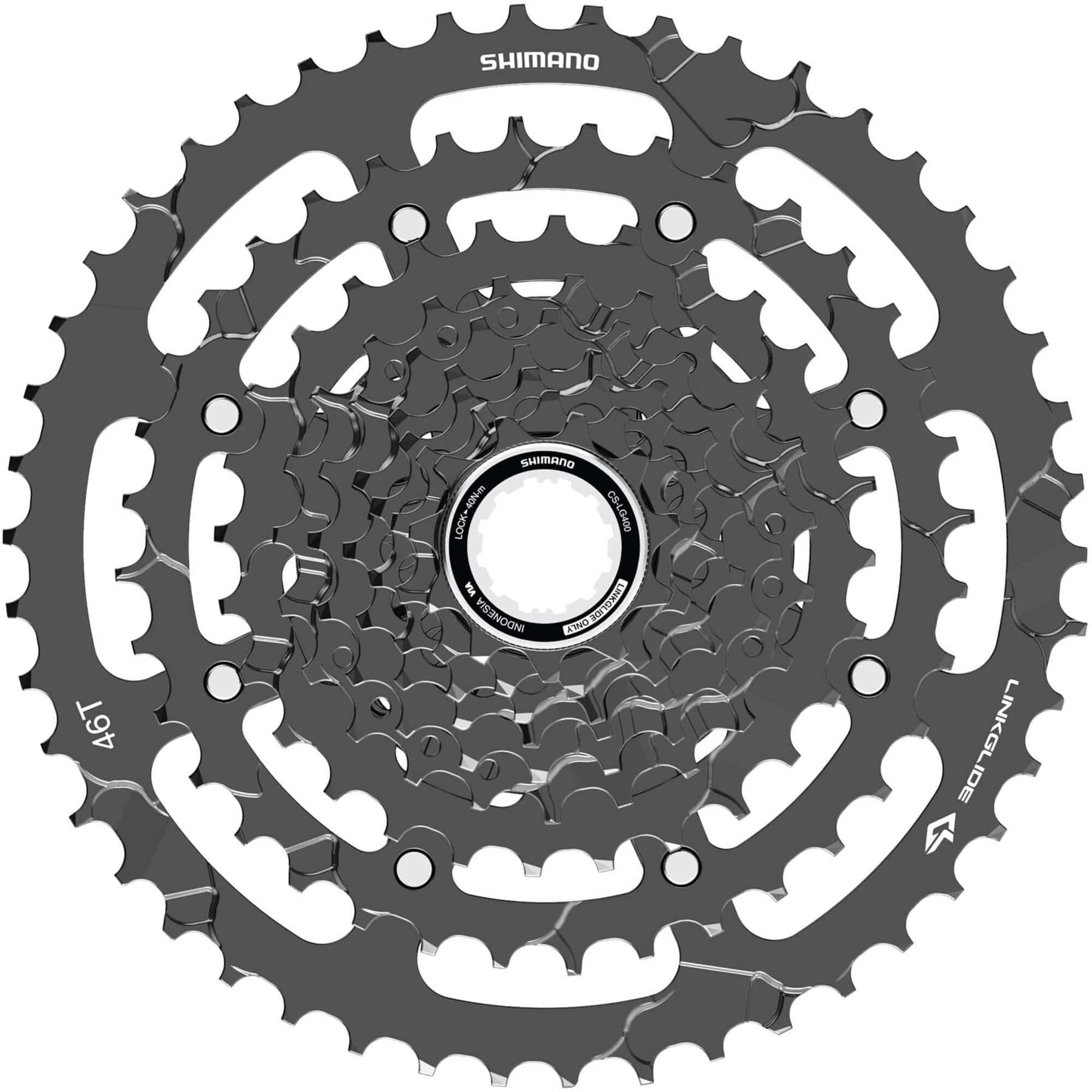 Shimano CUES CS-LG400-9 Link Glide 9-speed cassette for multi-purpose and e-bikes, shown with metal cogs and brand logo.