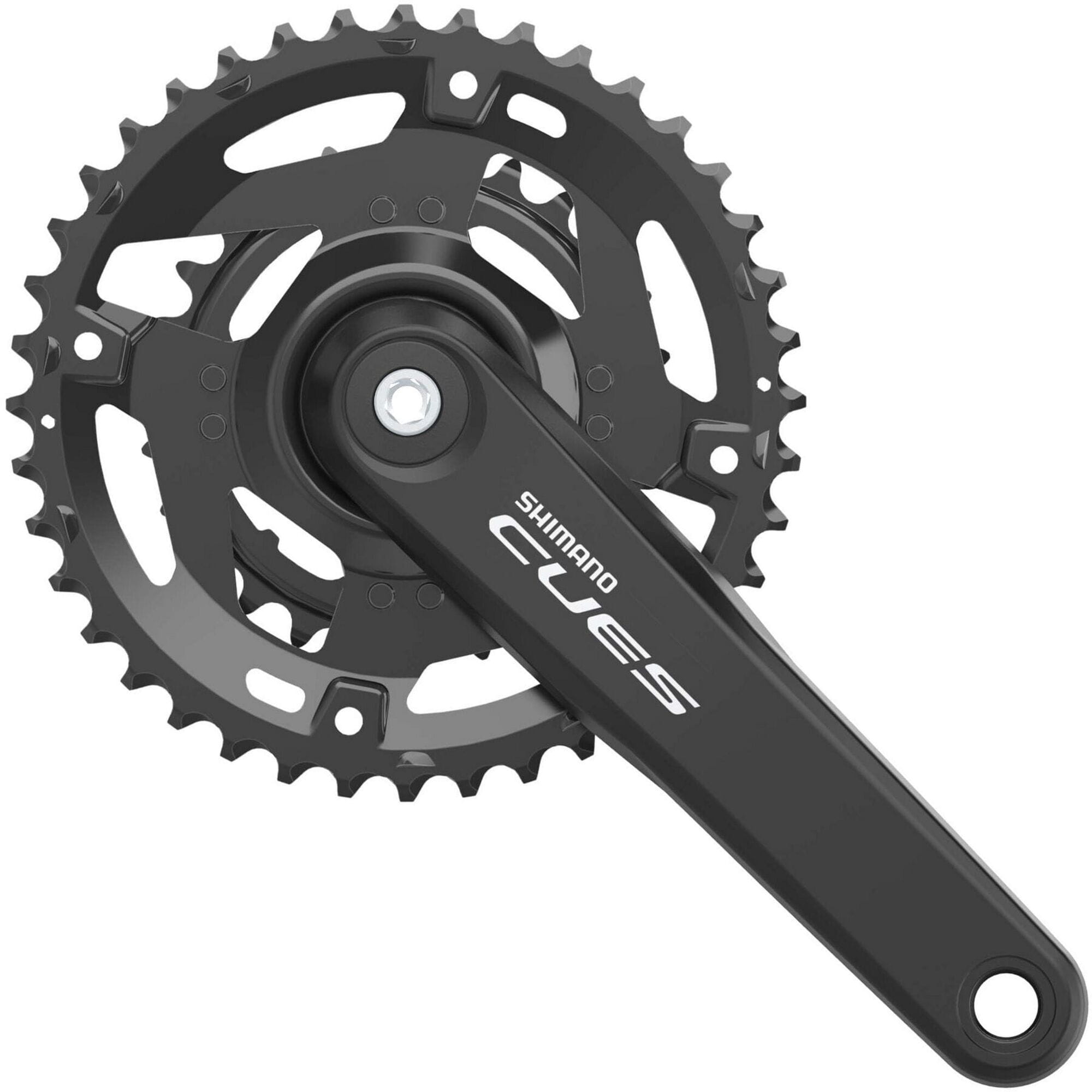 Shimano CUES FC-U4010 2-piece MTB crankset for 9-11 speed drivetrains, showing the crank arms and chainring.