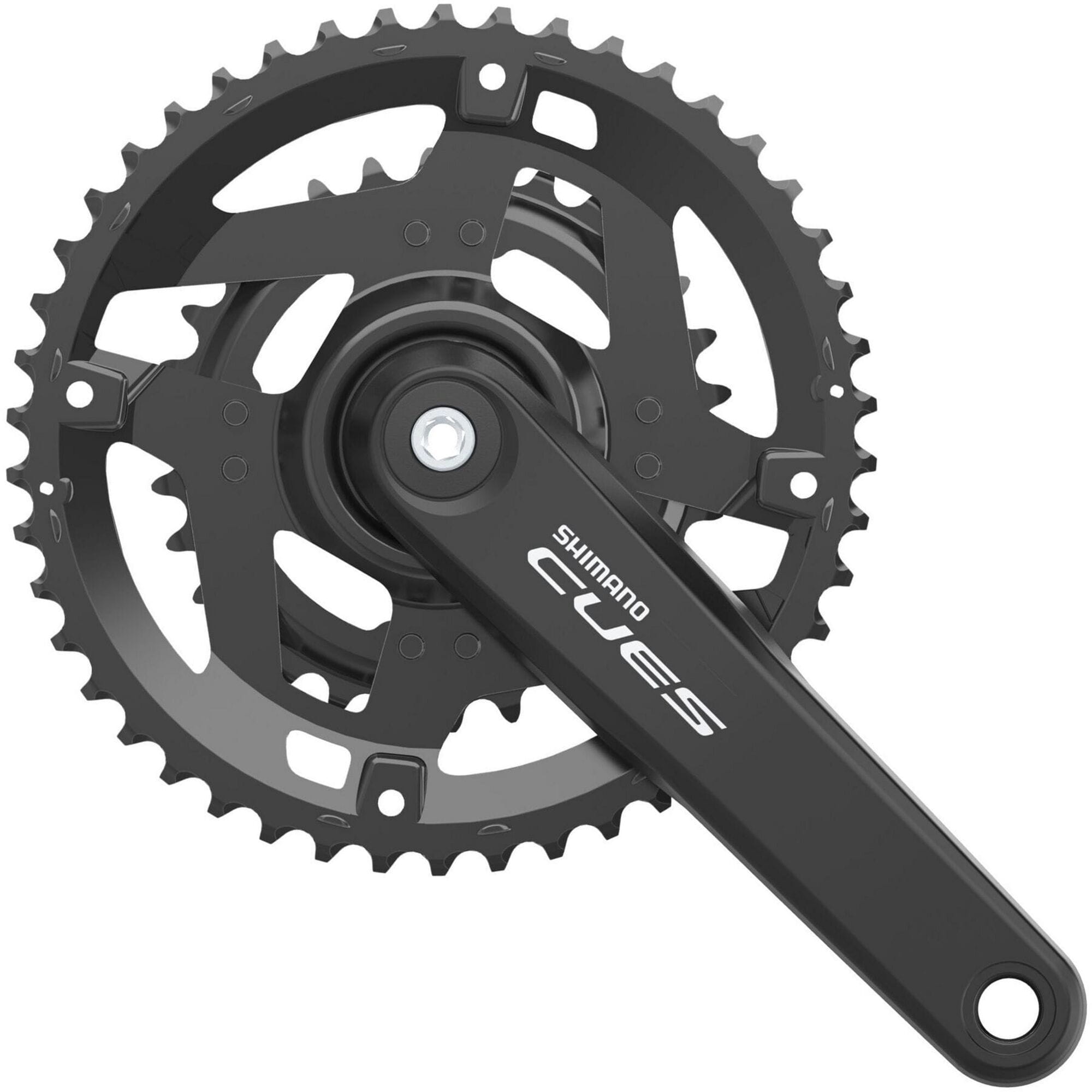 Shimano CUES FC-U4010 2-piece MTB crankset for 9/10/11-speed drivetrains, showing the black crank arms and chainring.
