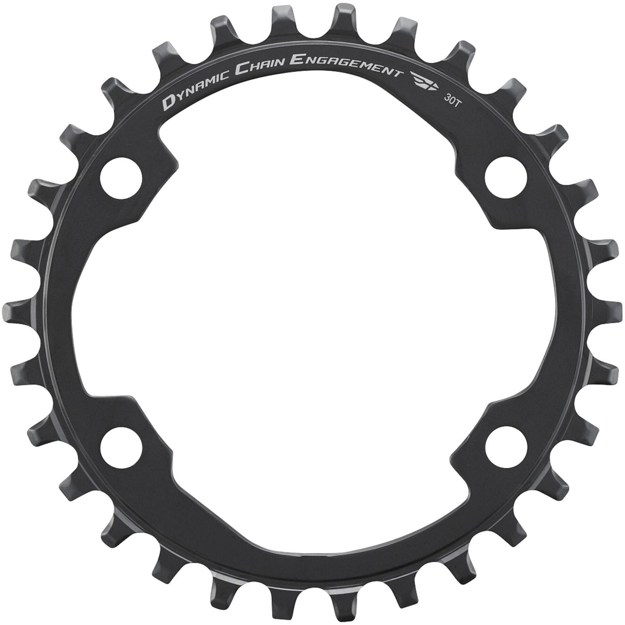 Shimano CUES FC-U6000-1 11/10/9 speed single chainring for MTB and urban bikes, close-up of black metal bicycle component