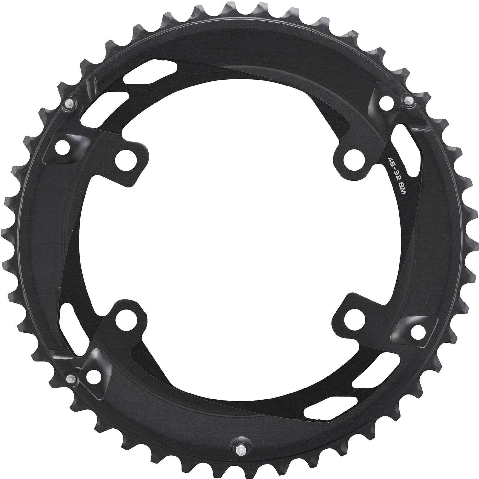 Shimano CUES FC-U6010-2 46T double outer chainring for 11-speed cranksets, featuring durable metal construction.