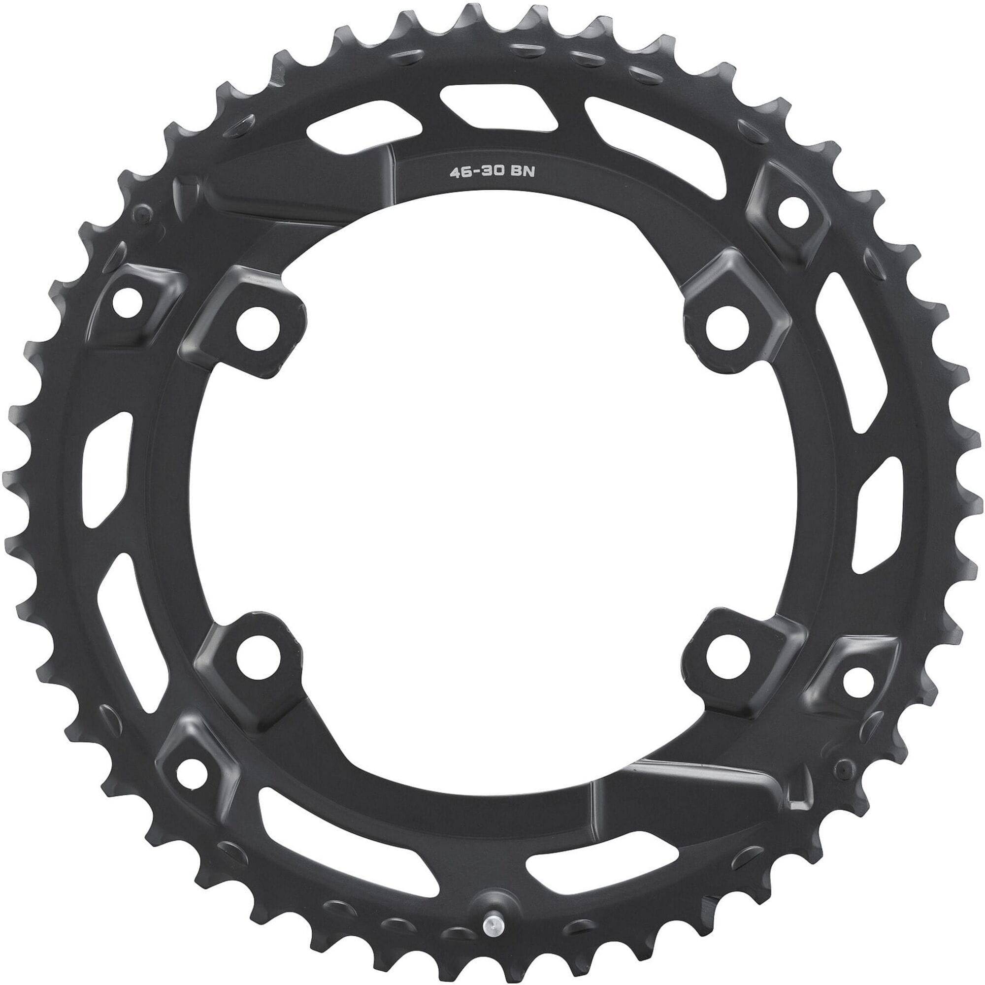 Shimano CUES FC-U6000-2 46T double outer chainring for 10/9 speed urban bikes, shown on a bicycle drivetrain.