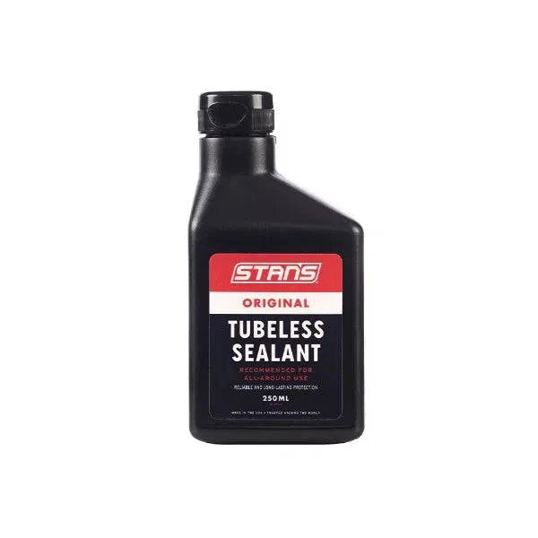 Stan's No Tubes 250ml tubeless tyre sealant bottle, ideal for puncture protection on road, gravel, and MTB bikes.