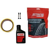 Stan's No Tubes mountain bike tubeless kit with sealant, valves, and tape for MTB rims, ideal for tubeless tire setup.