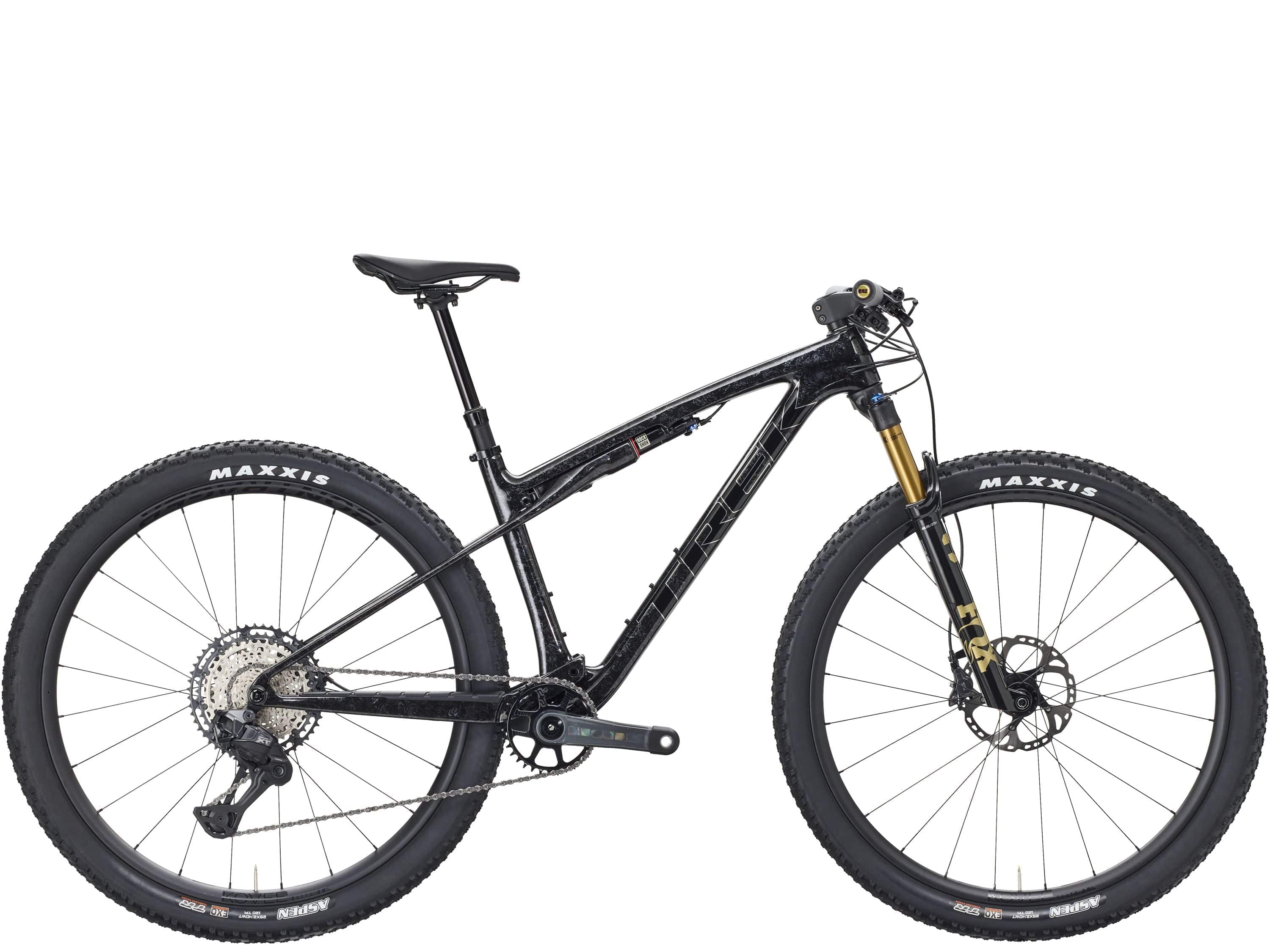 Trek Supercaliber SLR 9.8 XT Di2 Gen 2 mountain bike with IsoStrut suspension, black frame, and advanced gear components.