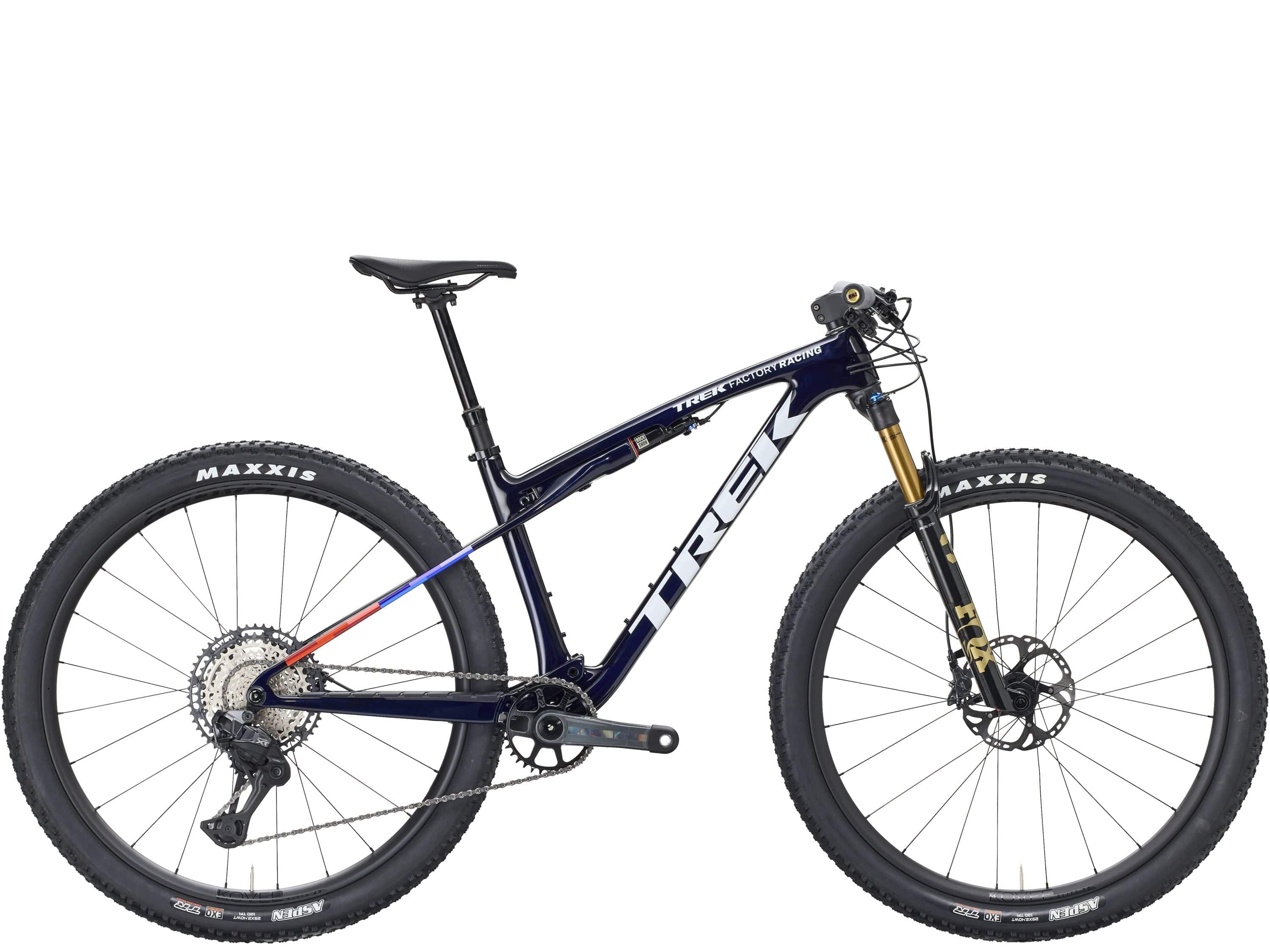 Trek Supercaliber SLR 9.8 XT Di2 mountain bike with IsoStrut suspension, black frame and advanced gear system.