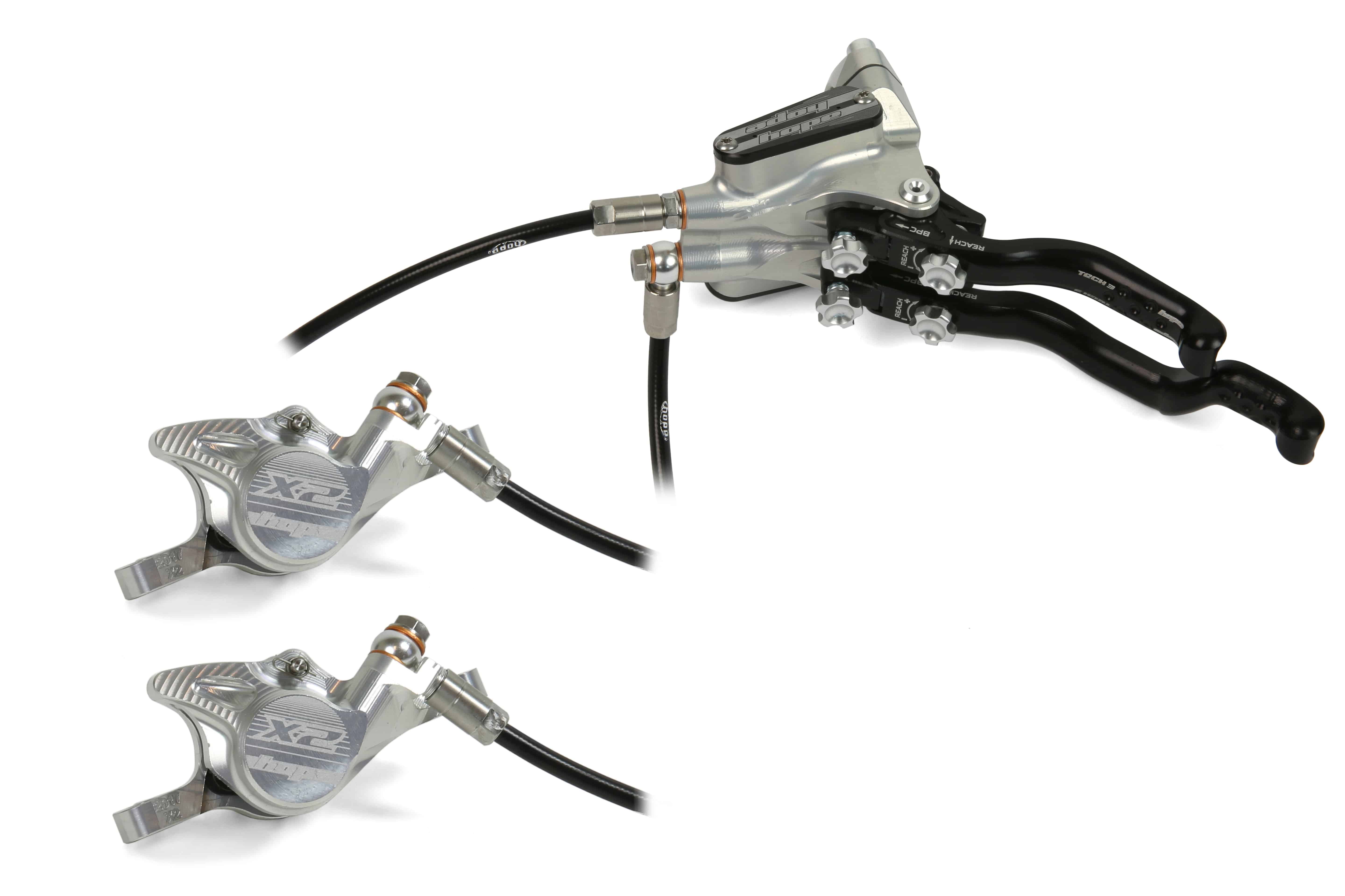 Hope Tech 3 X2 Duo MTB hydraulic brake system with adjustable dual circuits, shown with brake levers and calipers in a mountain biking setup.