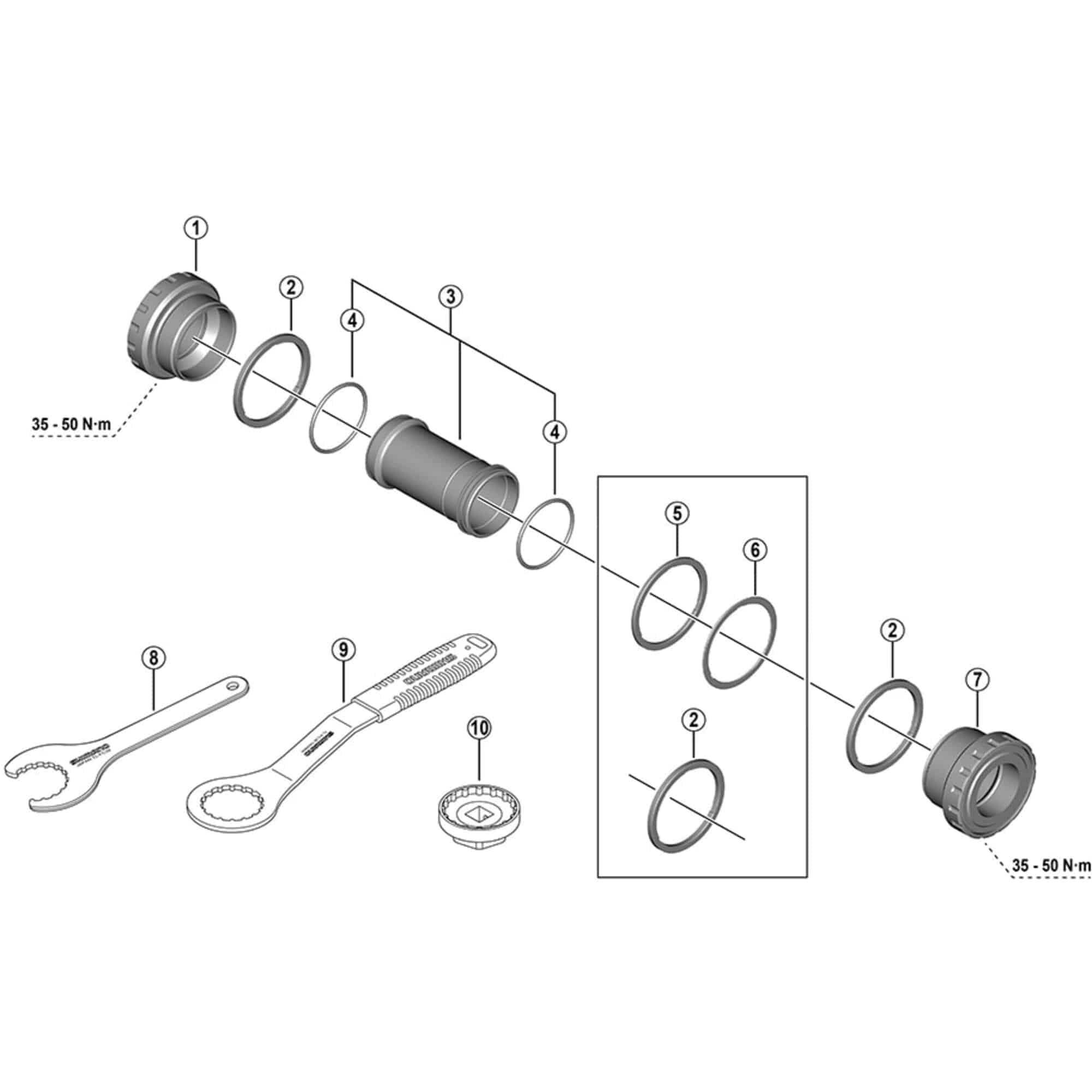 Shimano HollowTech II bottom bracket wrench for precise installation and removal, shown in exploded view for workshop use.