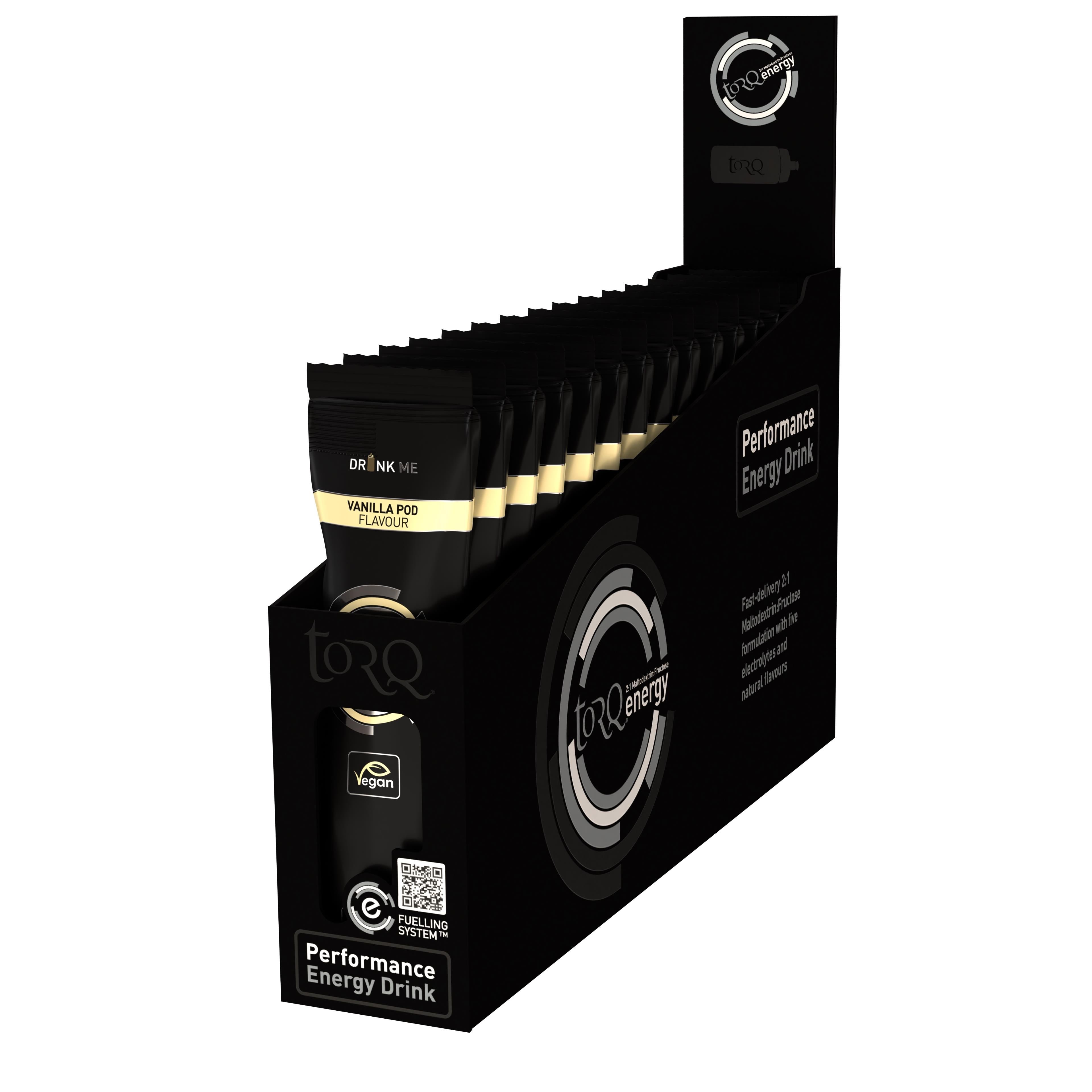 TORQ Energy Drink sachets, single-serve isotonic fuel for endurance, shown in a pack of 15 sachets on a white background.