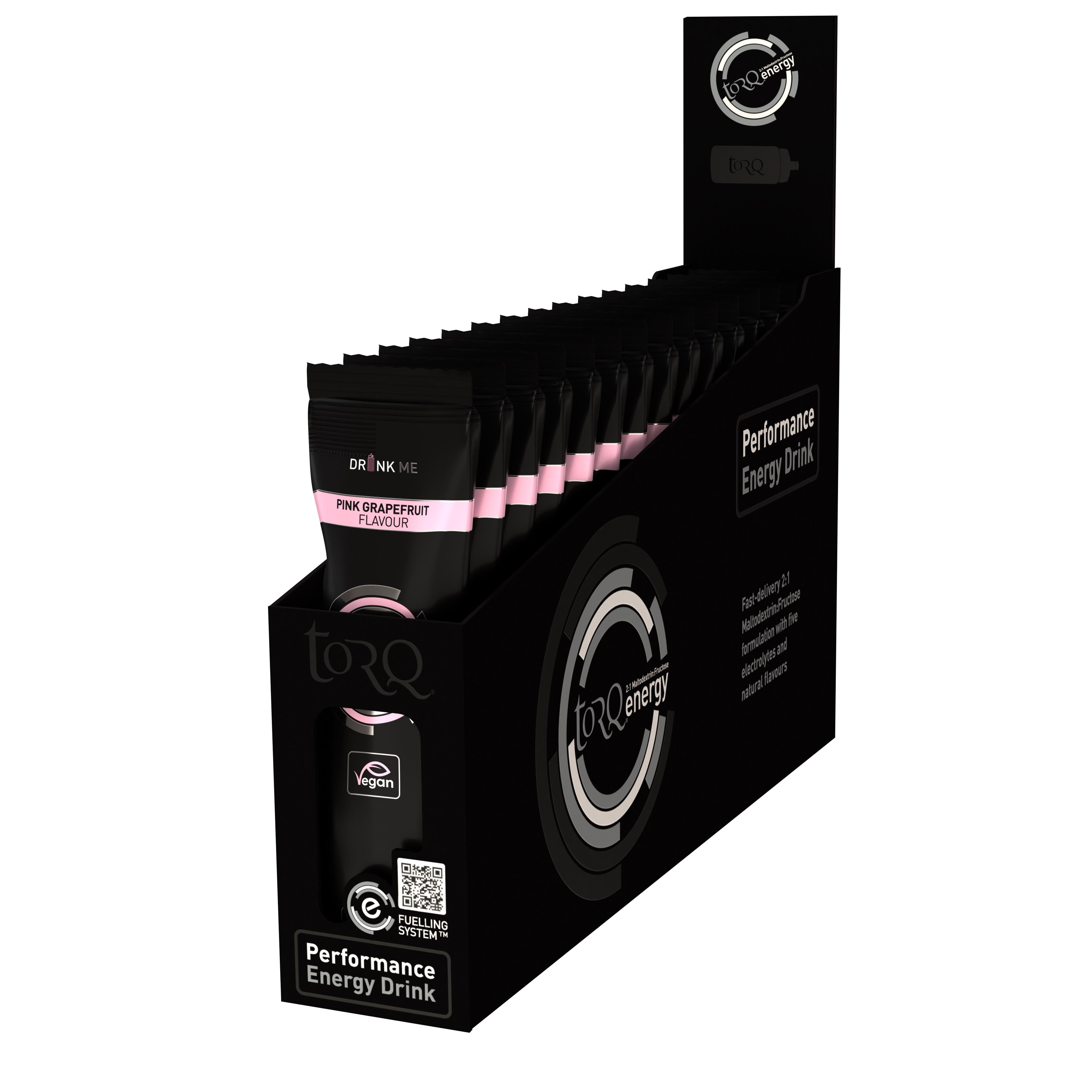 Torq Energy Drink sachets, single-serve isotonic fuel for endurance, displayed in a package of 15 sachets, with bright branding.