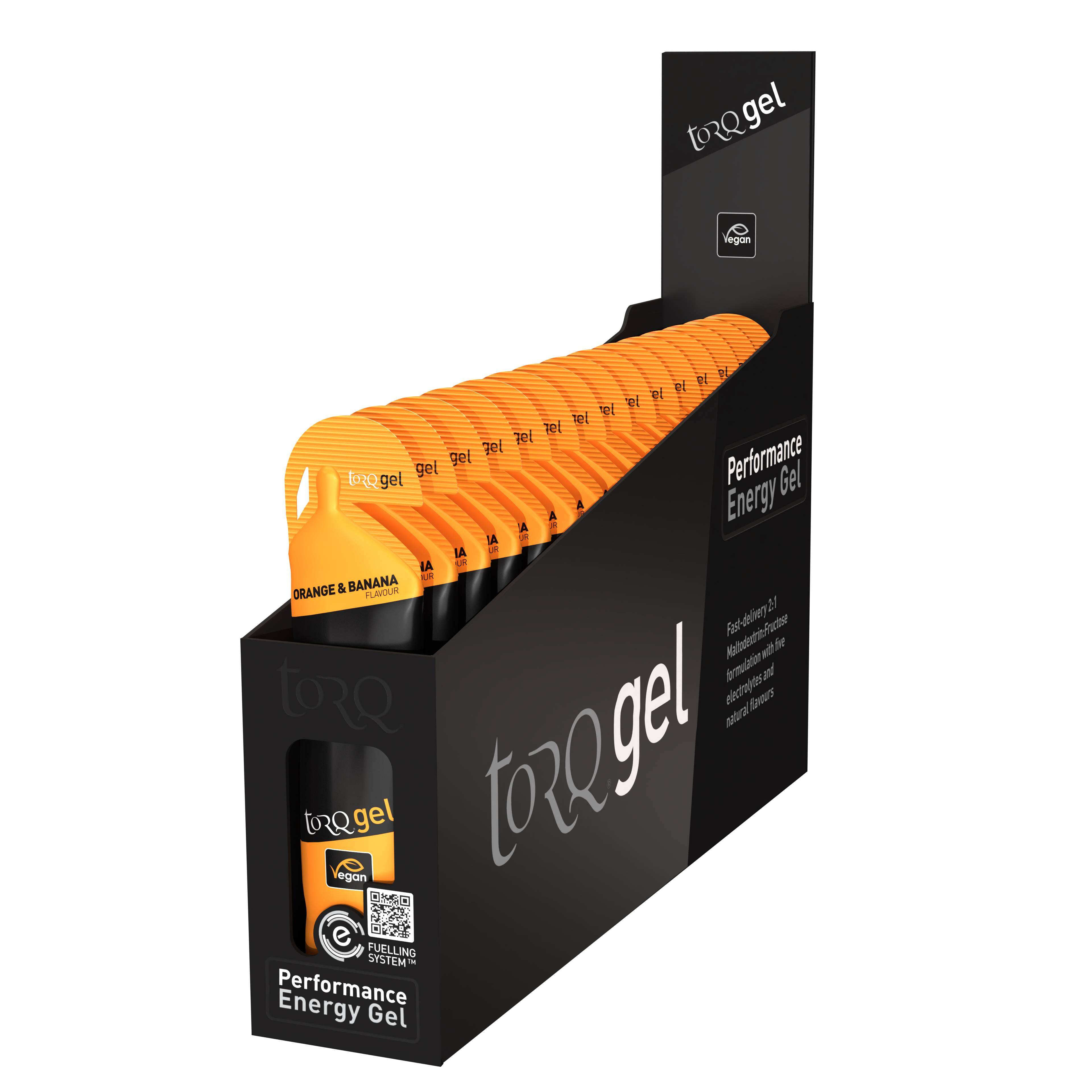 TORQ Energy Gel pack of 15 with fast-absorbing carbs and electrolytes, ideal for endurance athletes, shown in the image.
