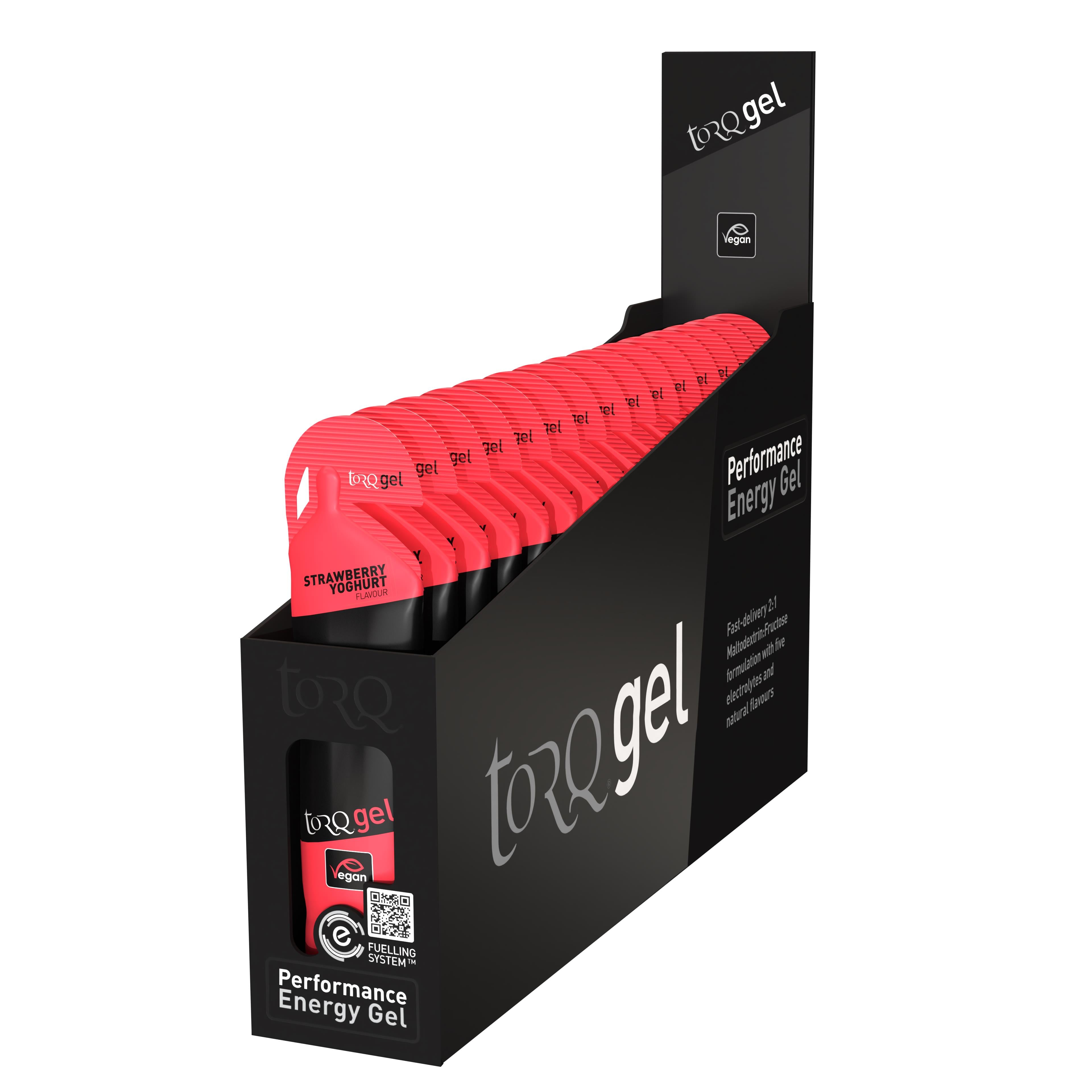 TORQ energy gel pack with 15 fast-absorbing carbs and electrolytes for endurance, shown in a resealable package.
