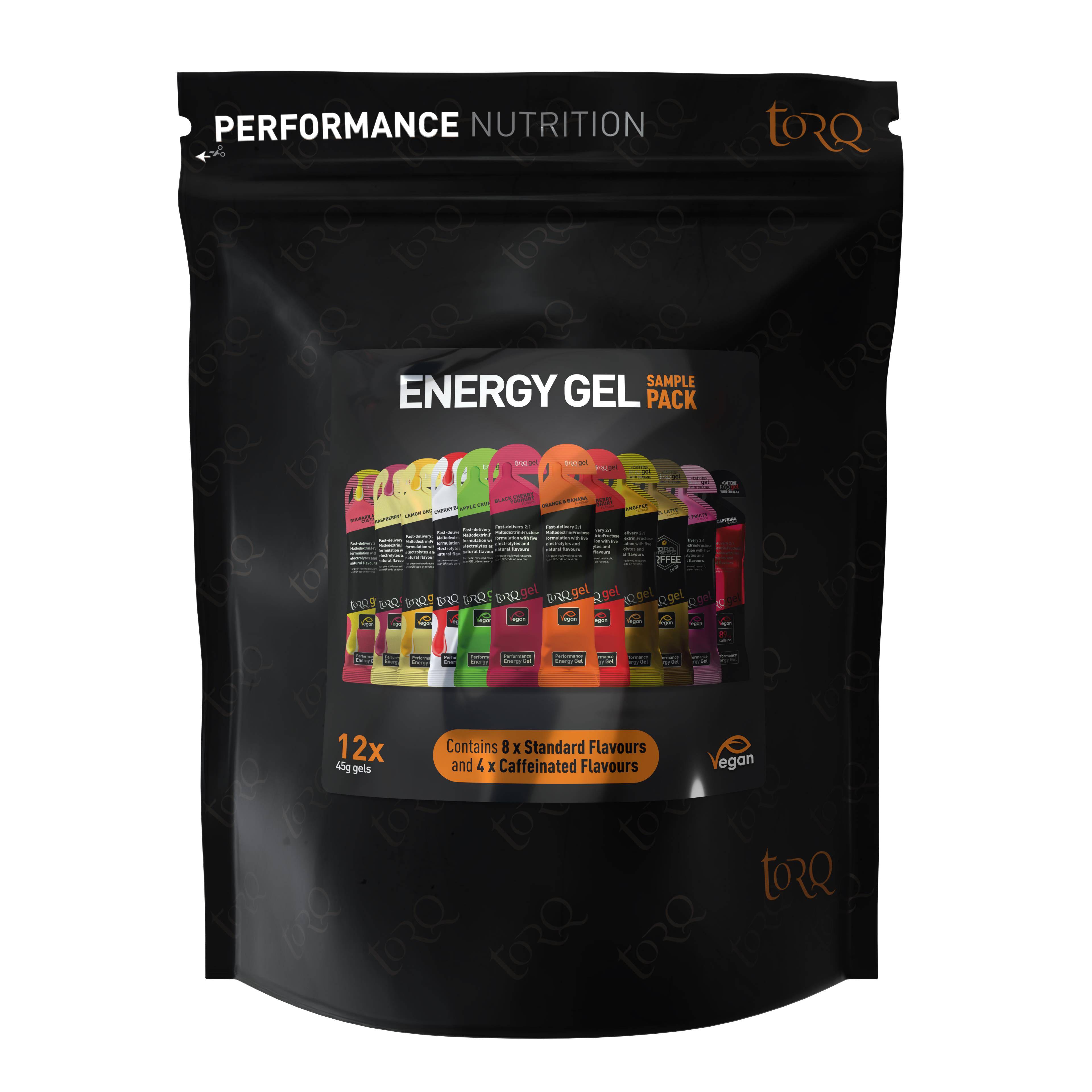 TORQ Gel Taster Pack with 12 energy gels, featuring 8 regular and 4 natural caffeine flavors, in colorful packaging.