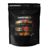TORQ Gel Taster Pack with 12 energy gels, featuring 8 regular and 4 natural caffeine flavors, in colorful packaging.