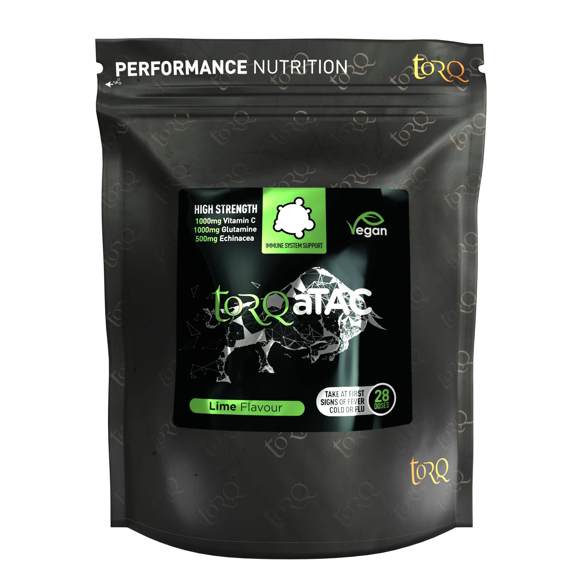 TORQ aTAC Cold & Flu Relief Powder with Vitamin C, immune support formula in a convenient accessory package.