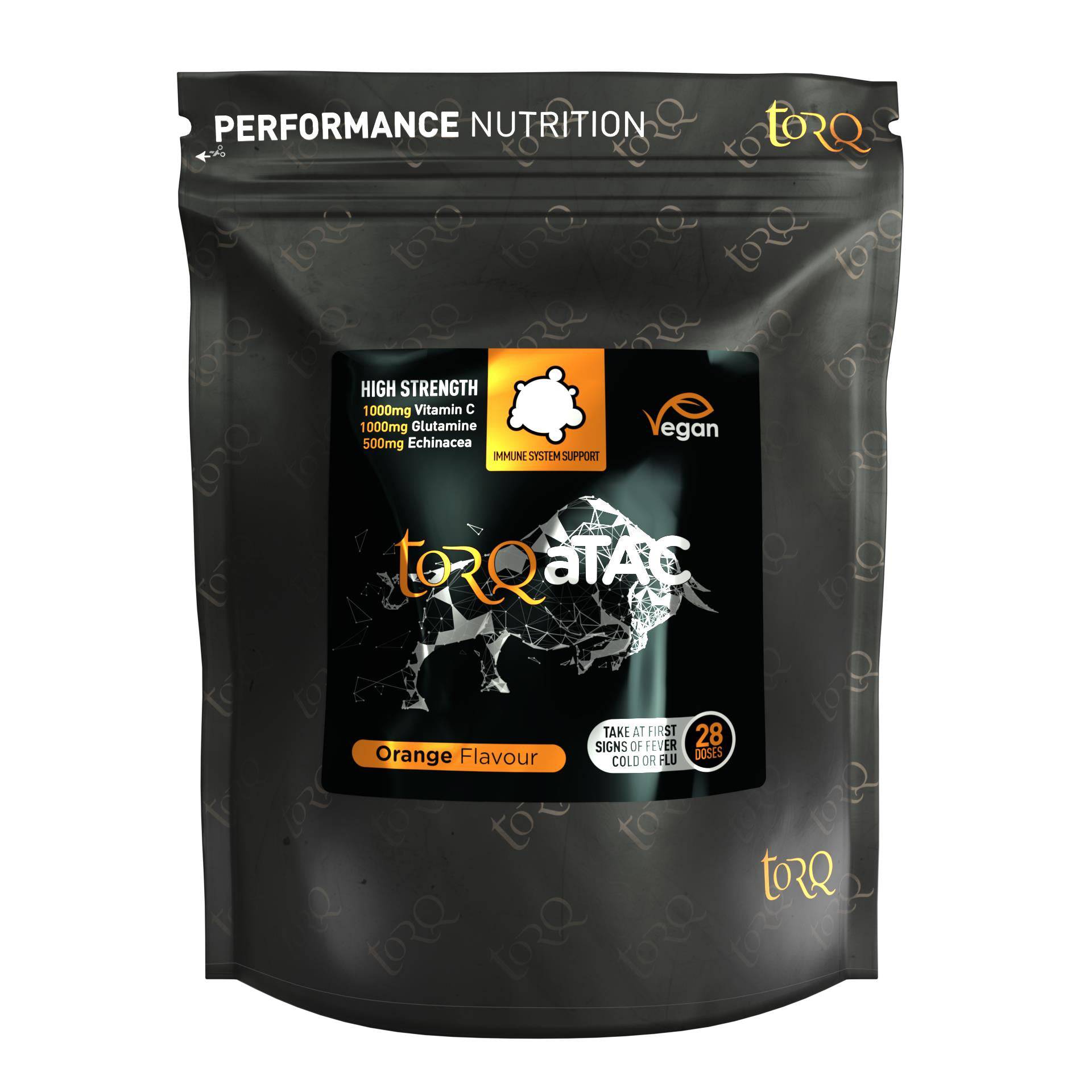 TORQ aTAC Cold & Flu Relief Powder with Vitamin C and immune support, shown in a clear container with scoops.