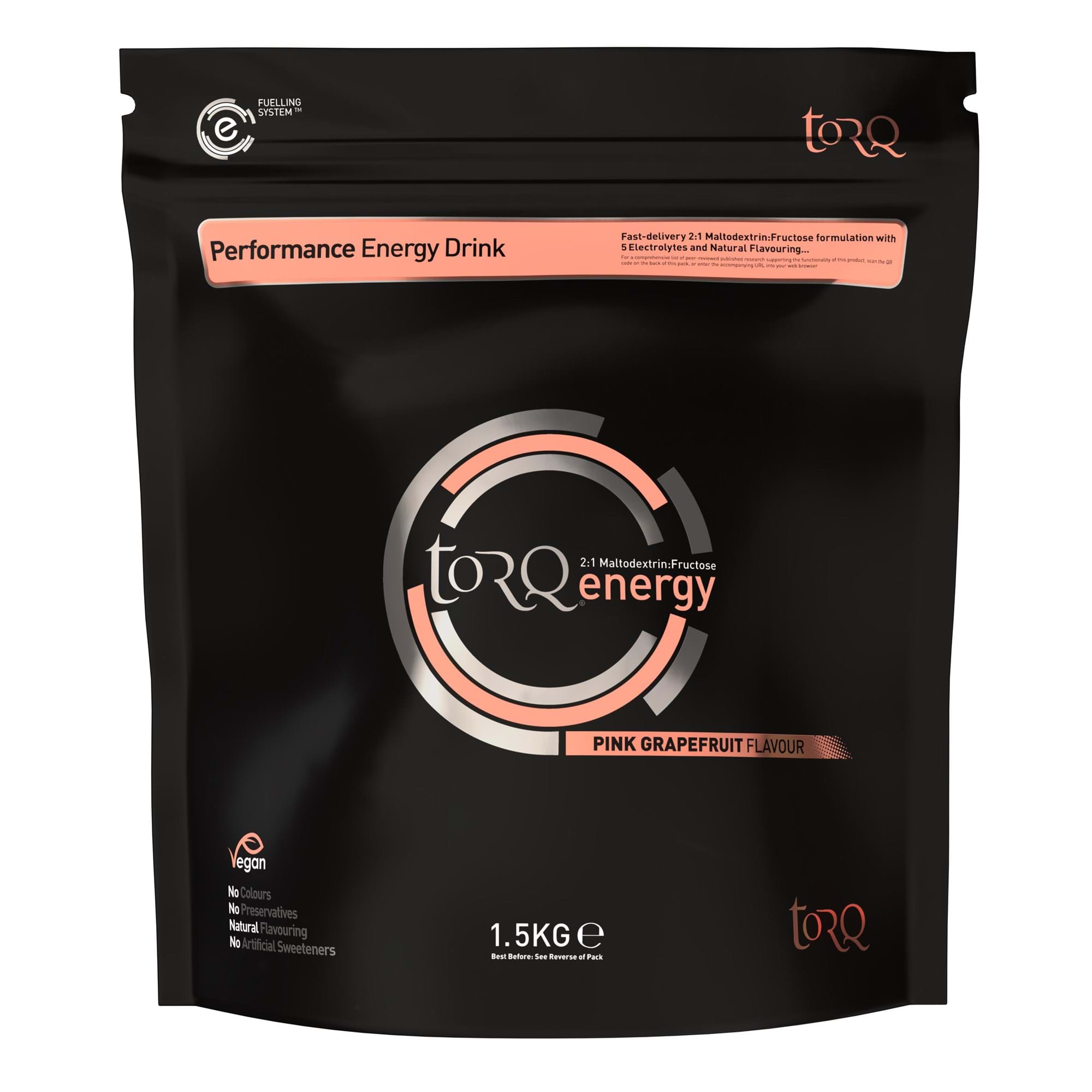 TORQ Energy Drink isotonic endurance fuel with electrolytes and carbohydrates, shown in a clear bottle with colorful label.