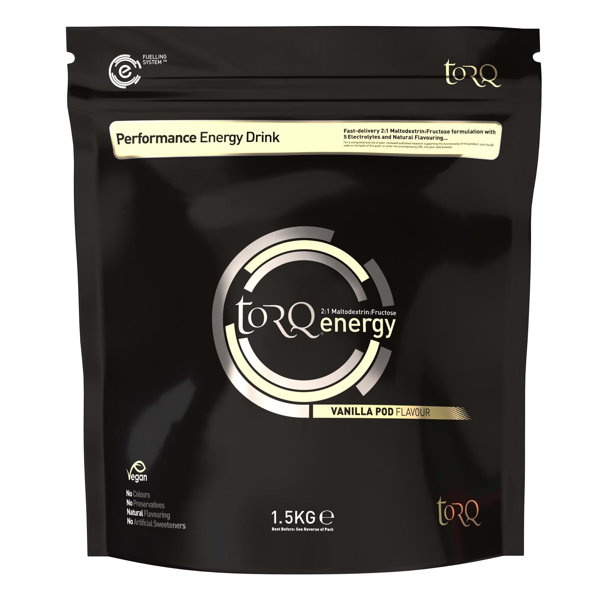 TORQ Energy Drink isotonic endurance fuel with electrolytes and carbohydrates, in a sleek bottle with a label displaying brand and product details.