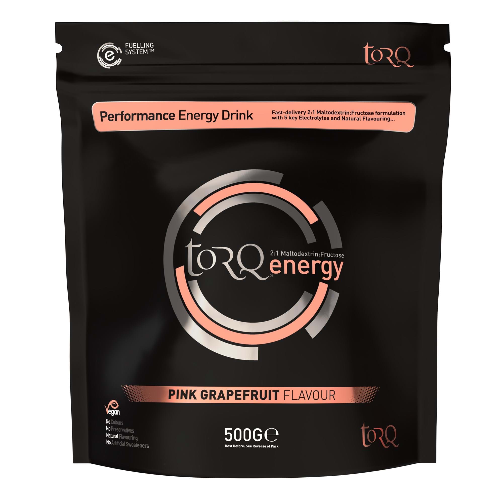 TORQ Natural Energy Drink accessory with electrolytes and carbohydrates for endurance fueling, shown in a convenient bottle.