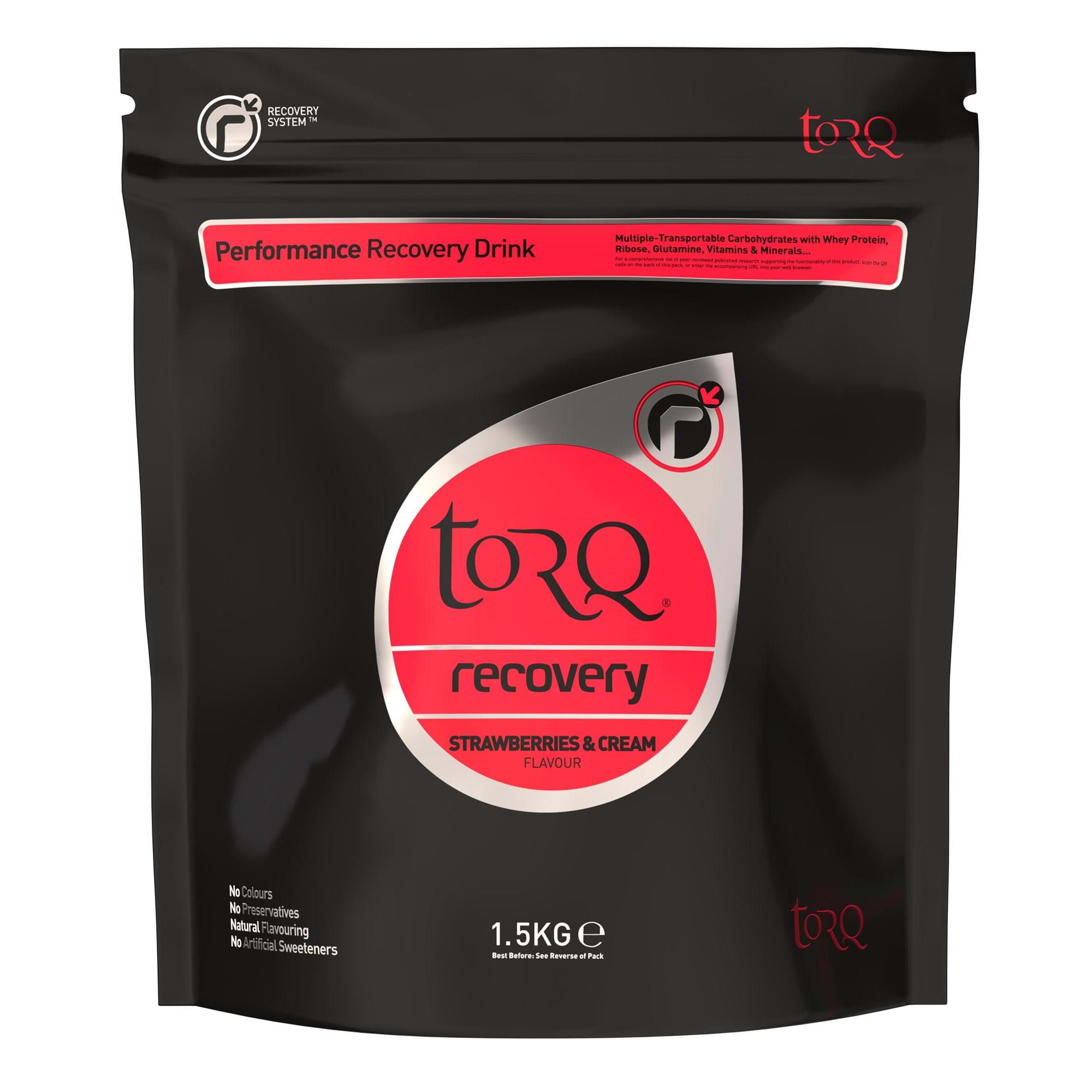 TORQ Recovery Drink with whey protein and carbs, showing a prepared post-exercise supplement in a clear glass.